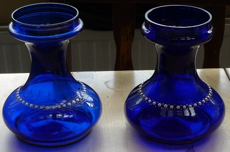 pair decorated cobalt blue hyacinth vases