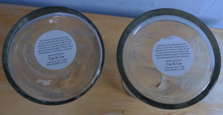 Cox and Cox hyacinth vases labels