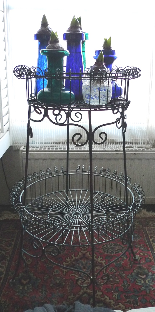 hyacinth vases in wirework plant stand
